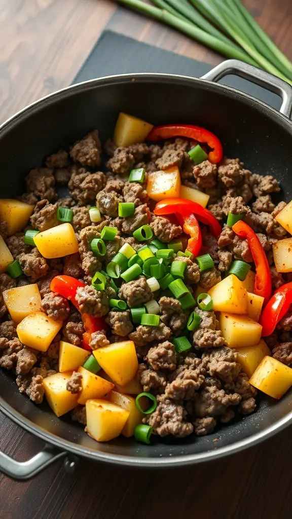 A skillet with ground beef, diced potatoes, red bell peppers, and green onions.
