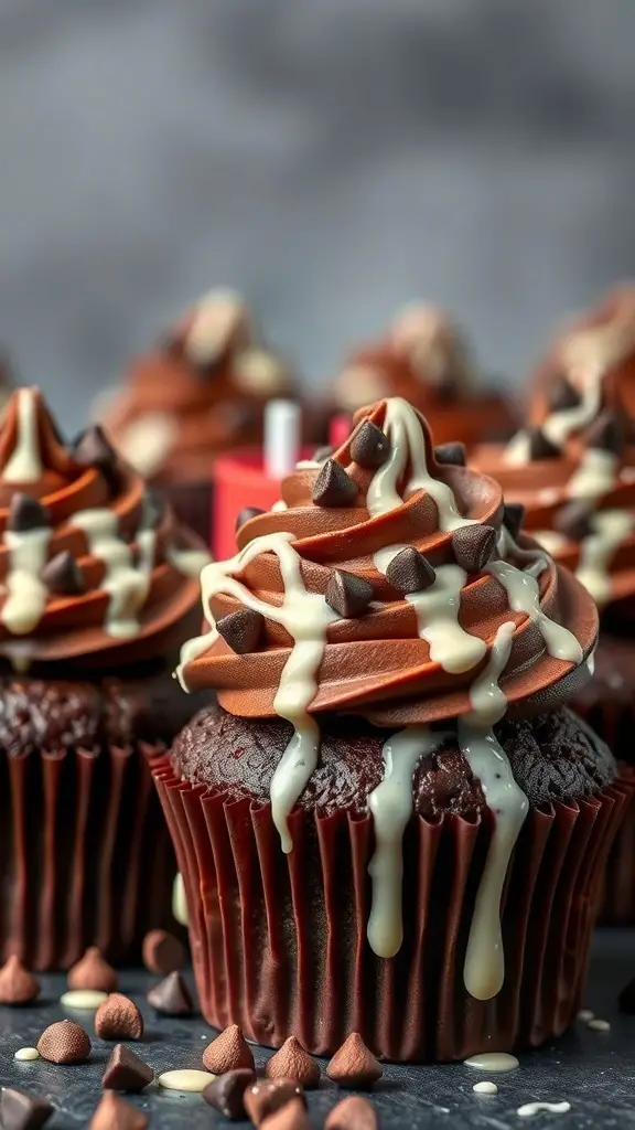 Chilling chocolate chip cupcakes with chocolate frosting and white chocolate drizzle