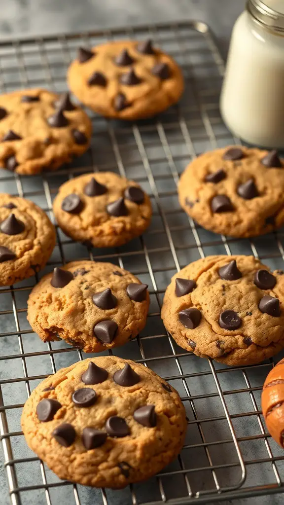 Freshly baked sweet potato chocolate chip cookies on a cooling rack