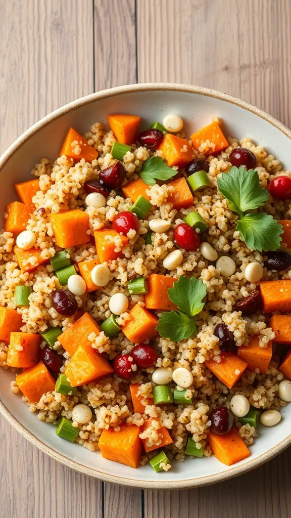 A colorful bowl of spicy sweet potato and quinoa salad with diced sweet potatoes, quinoa, black beans, and fresh vegetables.