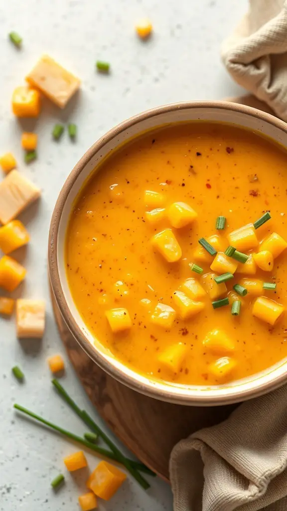 A bowl of creamy sweet potato and corn chowder topped with chives.