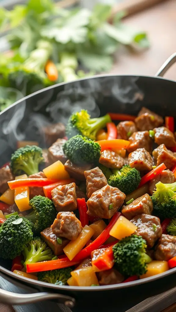 A colorful Beef and Broccoli Stir-Fry with vegetables in a pan.