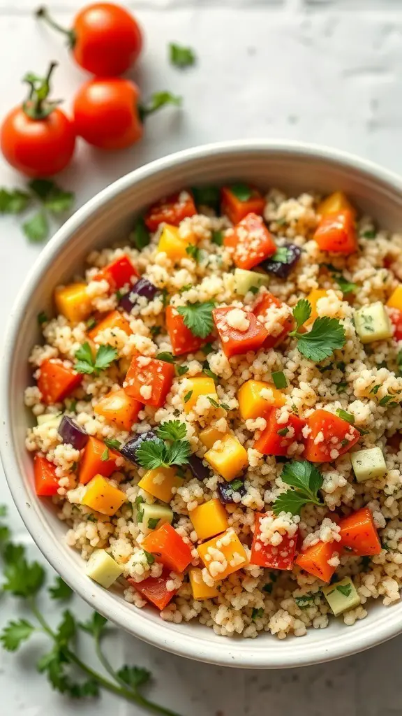 A bowl of quinoa and vegetable salad with diced bell peppers, cucumbers, and cherry tomatoes.