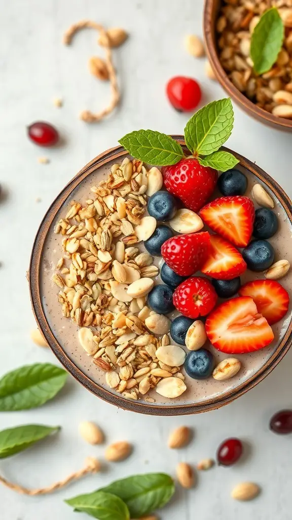 A colorful protein-packed smoothie bowl topped with strawberries, blueberries, granola, and mint leaves.