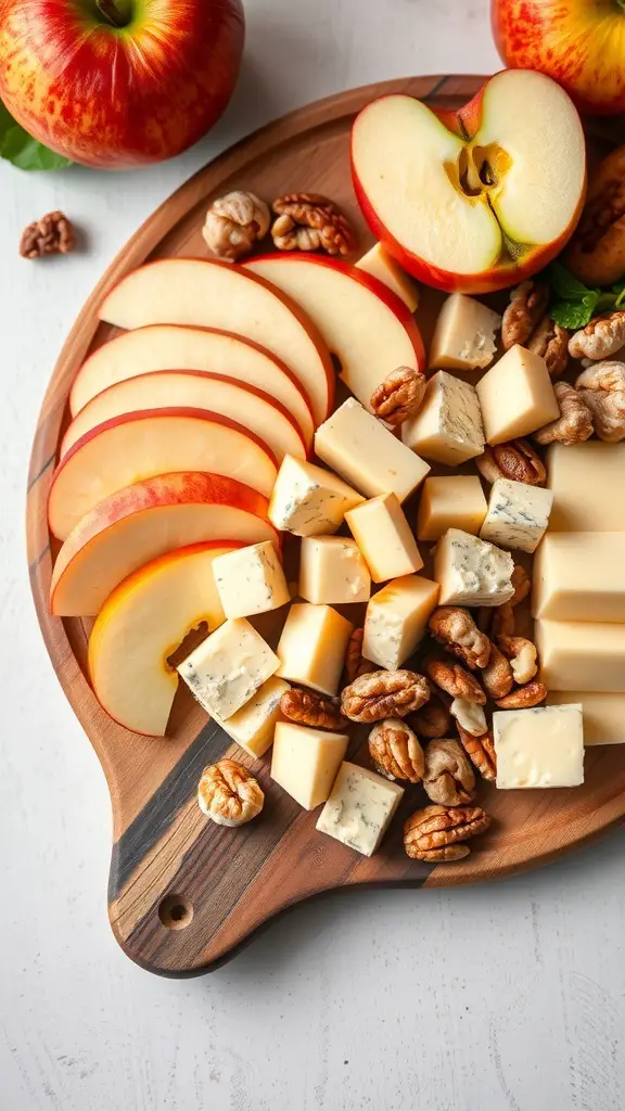 A wooden platter filled with sliced apples, cheese cubes, and nuts.