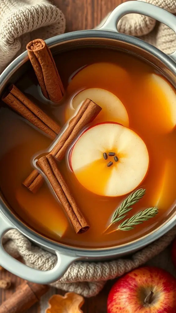 A pot of spiced apple cider with cinnamon sticks and apple slices, cozy and inviting.
