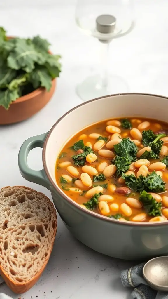 A bowl of Tuscan White Bean and Kale Stew with a slice of bread on the side.