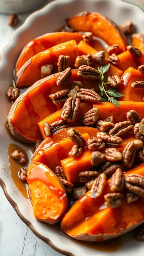 Maple glazed sweet potatoes with pecans on a plate