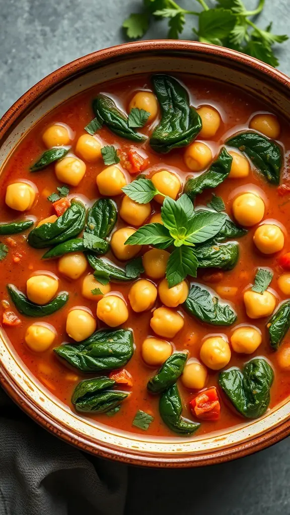 A bowl of chickpea and spinach stew with vibrant colors and fresh ingredients.