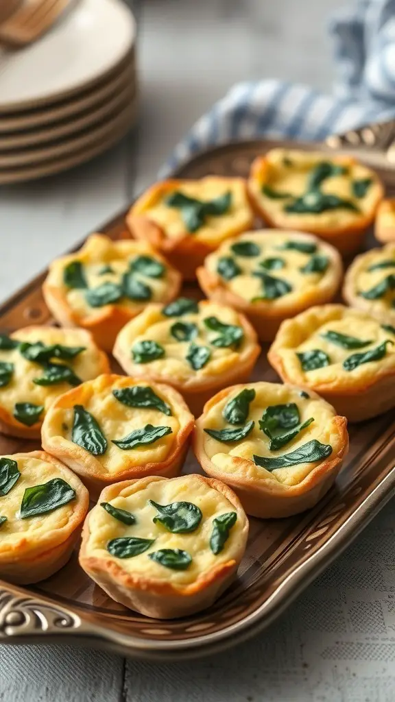 A platter of mini quiches filled with spinach and cheese.