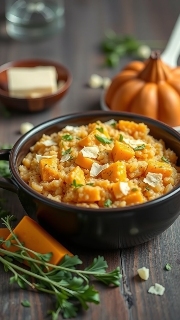 A bowl of creamy butternut squash risotto topped with fresh herbs and chunks of squash, set against a rustic wooden background.