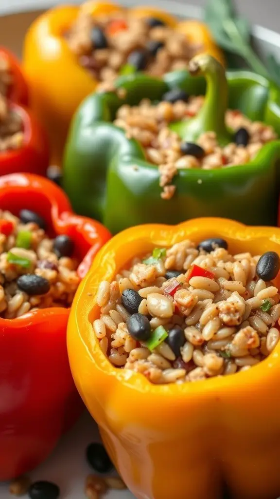 Colorful stuffed bell peppers filled with brown rice and black beans