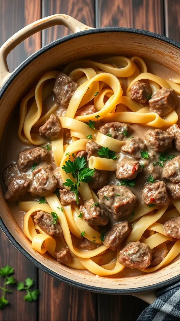 A pot of Beef Stroganoff with fettuccine and beef pieces garnished with parsley.
