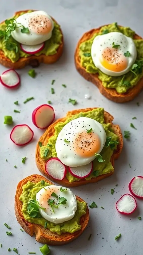 Gourmet avocado toast topped with poached eggs and garnished with radishes and herbs.