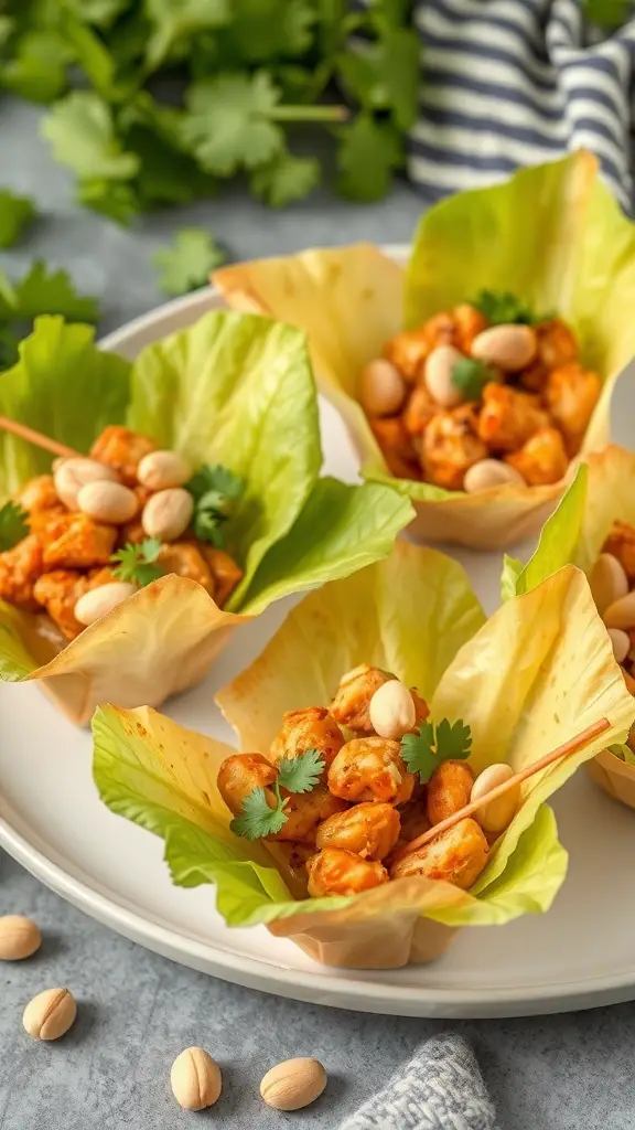 Thai Chicken Lettuce Wrap Phyllo Cups on a plate with cilantro and nuts