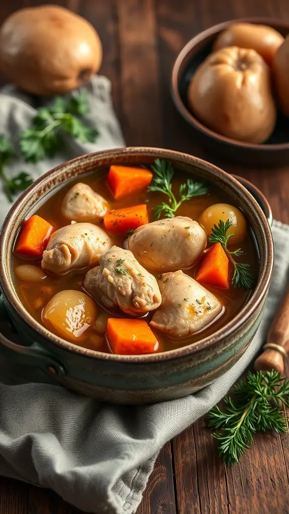 A bowl of hearty chicken stew with vegetables, placed on a wooden table.