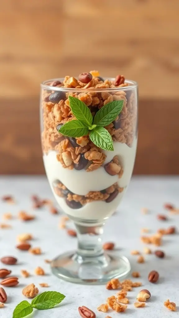 A glass of Greek yogurt parfait layered with nuts and topped with mint leaves.