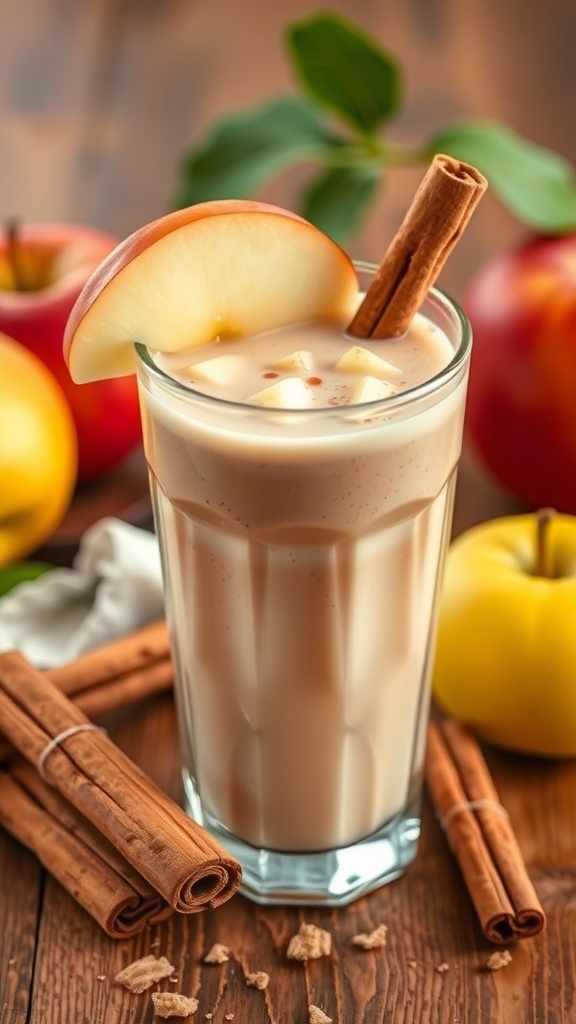 A refreshing apple cinnamon smoothie in a glass, garnished with a slice of apple and a cinnamon stick, surrounded by apples and cinnamon sticks.