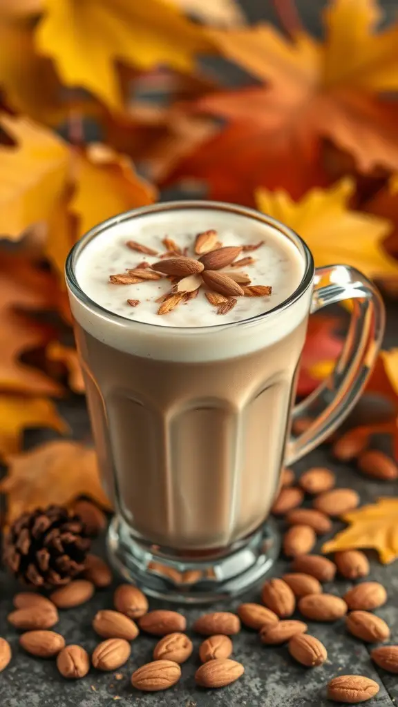 A Nutty Almond Latte in a glass mug, topped with sliced almonds, surrounded by almonds and autumn leaves.