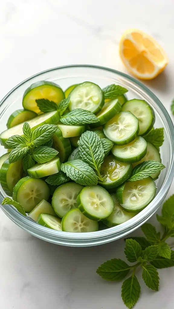 A bowl of sliced cucumbers and fresh mint leaves with a lemon half beside it.