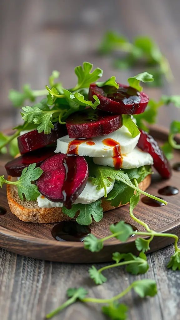 A colorful sandwich featuring roasted beets, goat cheese, and fresh greens on a slice of bread.