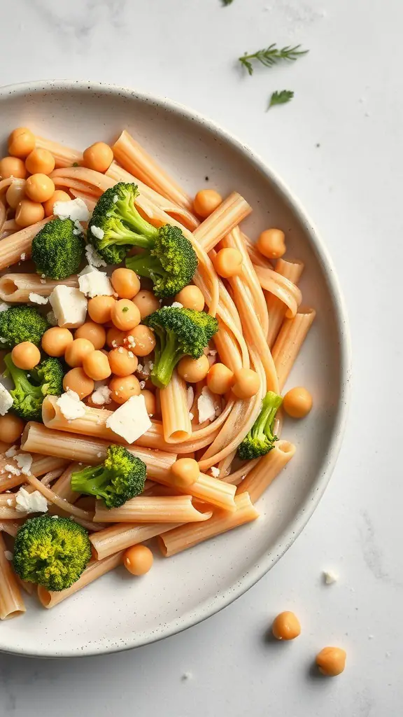 A bowl of whole wheat pasta with broccoli and chickpeas, topped with cheese.