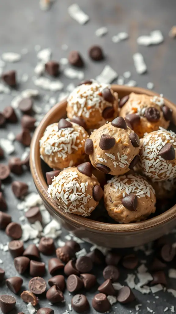 A bowl of nut butter energy bites topped with chocolate chips and coconut, surrounded by chocolate chips on a dark surface.