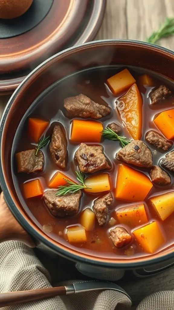 A bowl of hearty beef stew with root vegetables, showcasing tender beef, carrots, and potatoes in a savory broth.