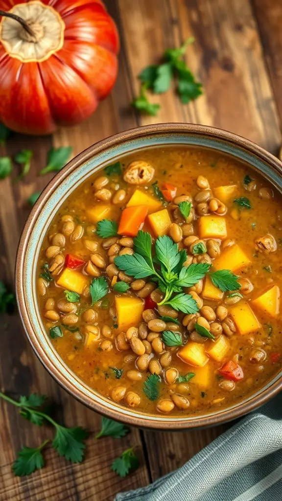 A bowl of vegetable and lentil soup with colorful ingredients and fresh herbs on top.