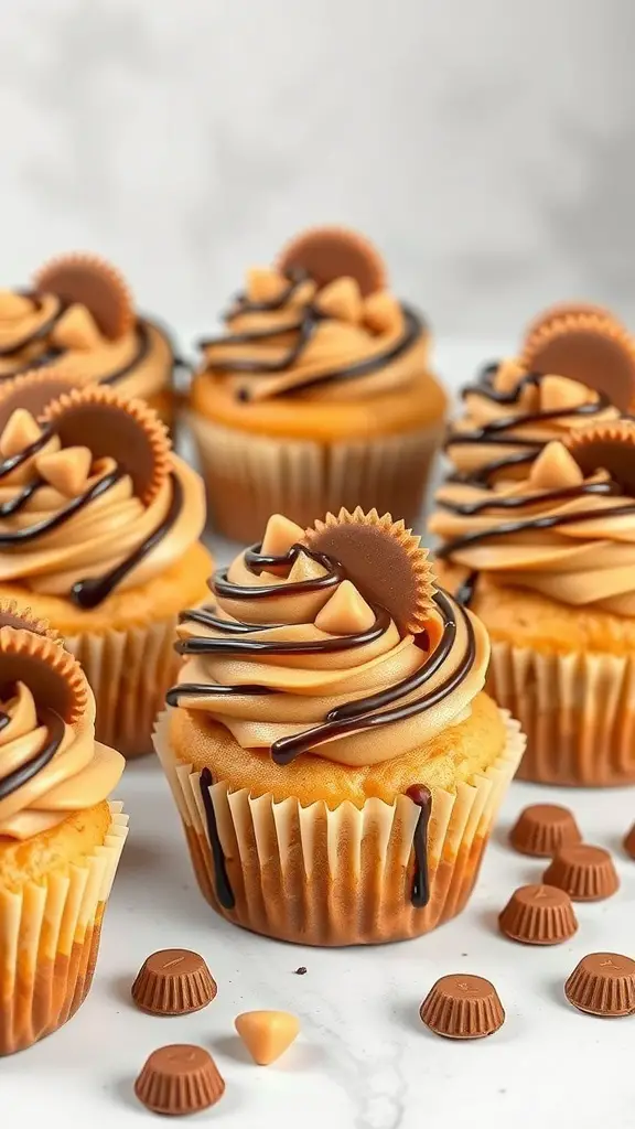 Delicious peanut butter cup cupcakes topped with chocolate drizzle and mini peanut butter cups.