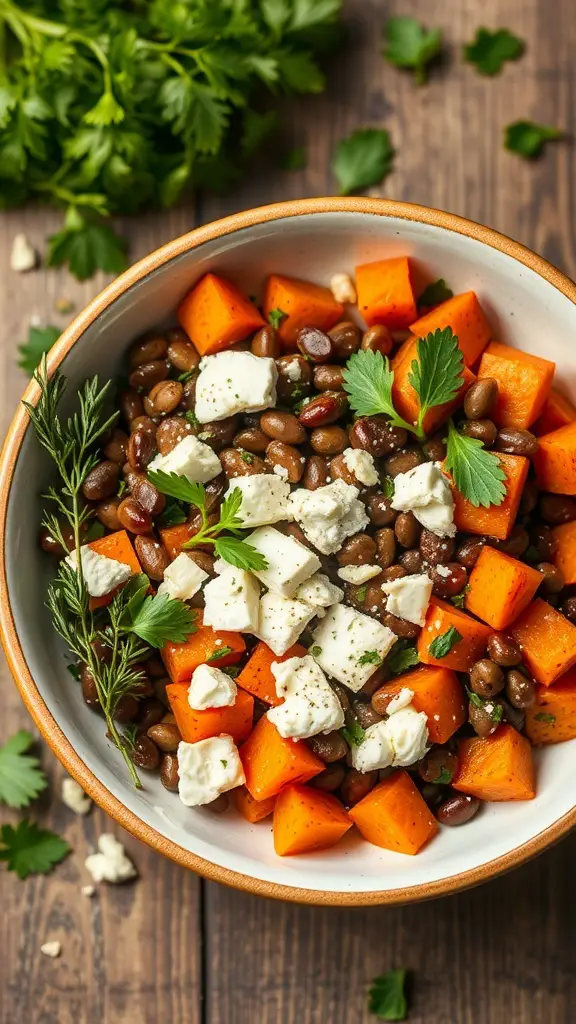 A bowl filled with lentils, roasted sweet potatoes, crumbled feta cheese, and fresh herbs.