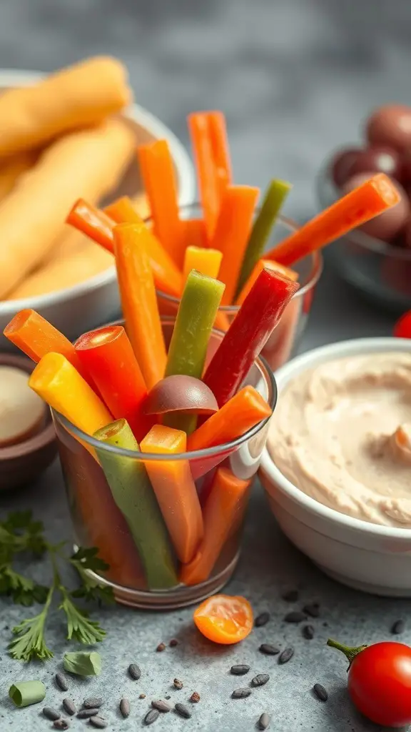 Colorful mini veggie cups with hummus, featuring carrot, bell pepper, and cucumber sticks.
