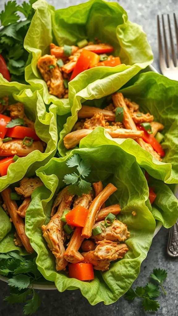 Spicy chicken lettuce wraps filled with shredded chicken, bell peppers, and herbs