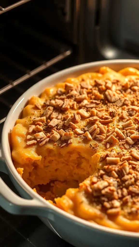 Savory white sweet potato casserole with a crunchy topping