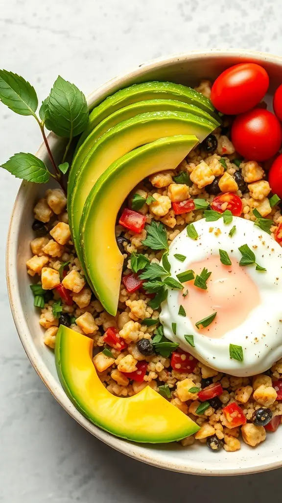 A quinoa breakfast bowl topped with avocado slices, cherry tomatoes, and a poached egg.