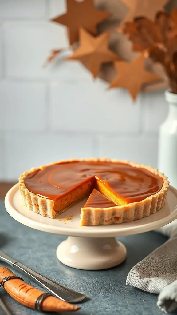 A sweet potato and caramel tart on a cake stand with a slice removed, surrounded by decorative elements.