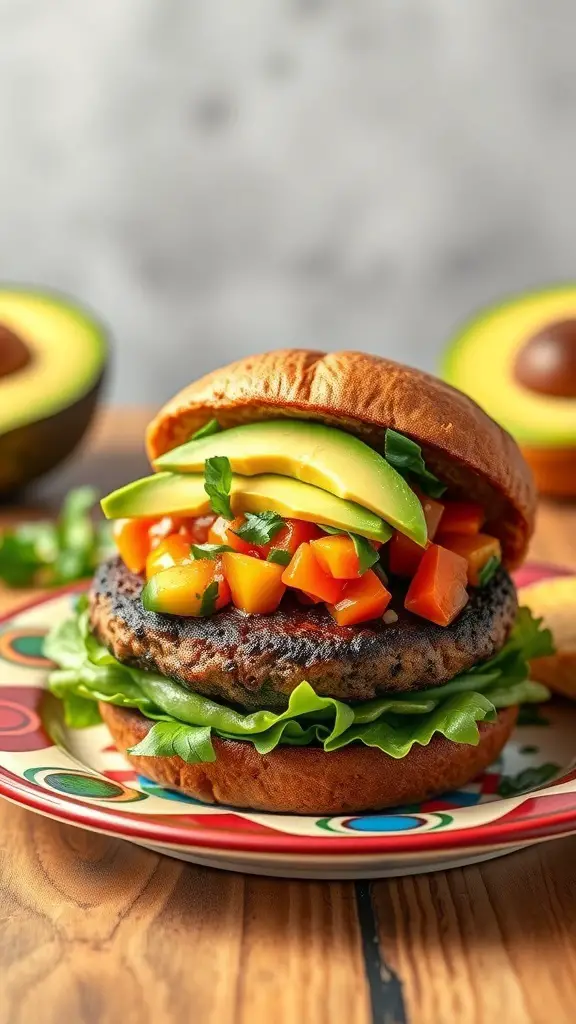 A delicious bison burger topped with avocado and salsa on a colorful plate.