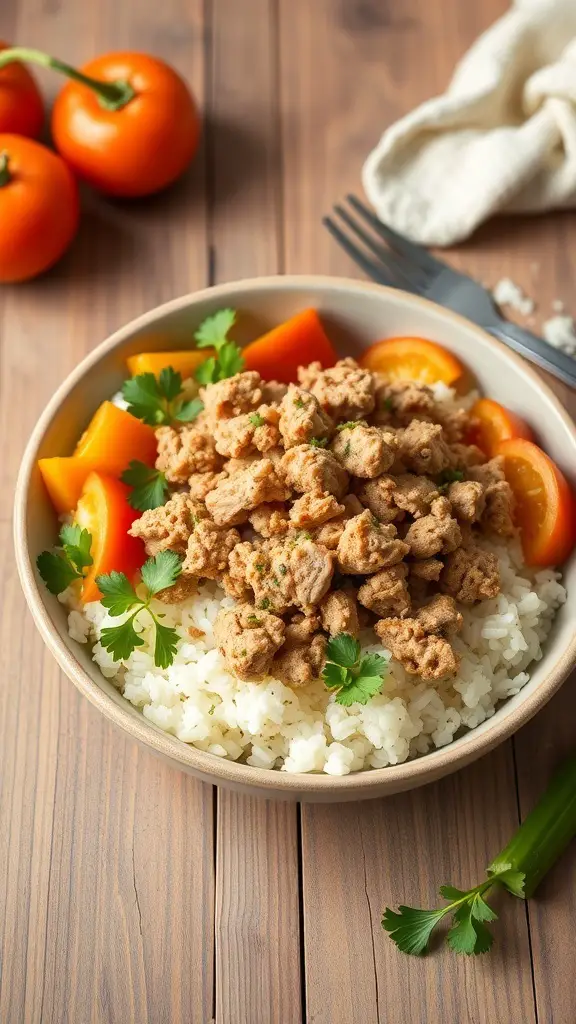 A bowl of ground turkey and cauliflower rice topped with bell peppers and cilantro.