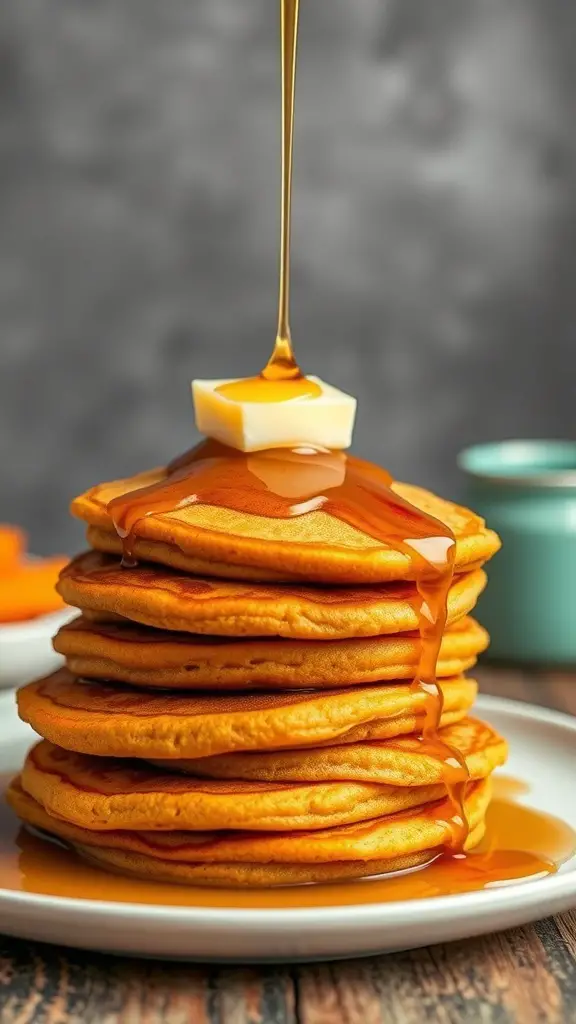 A stack of sweet potato pancakes topped with butter and maple syrup