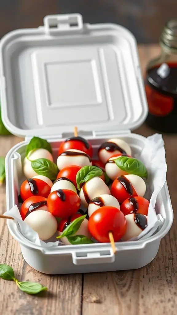 A lunch box filled with Caprese skewers made of cherry tomatoes, mozzarella balls, and basil, drizzled with balsamic glaze.