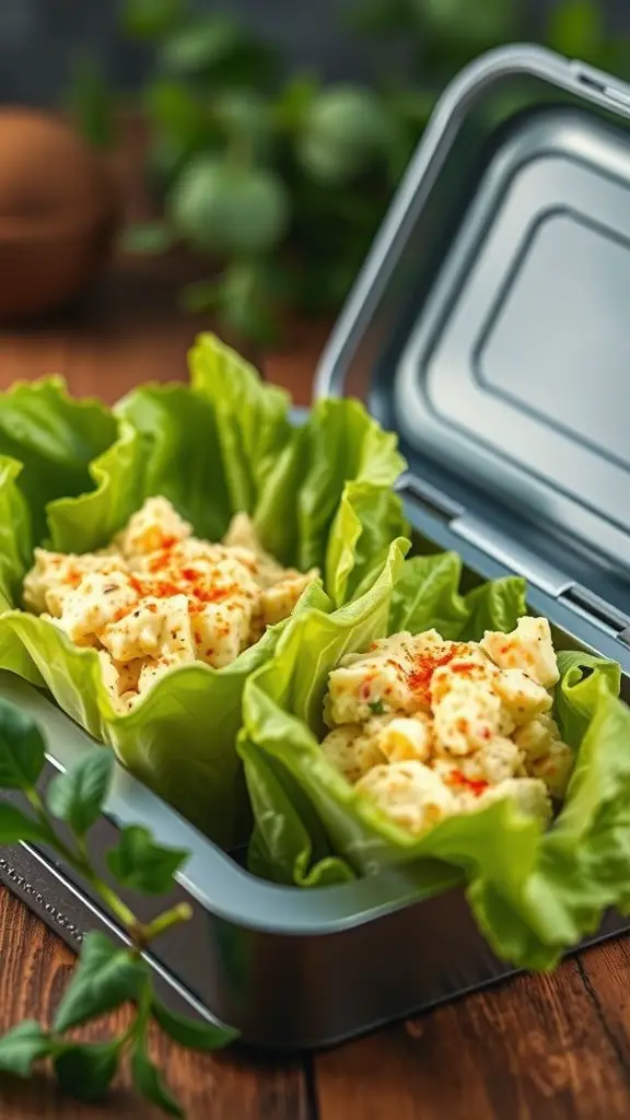 A lunch box containing egg salad in lettuce wraps, with a fresh and vibrant appearance.