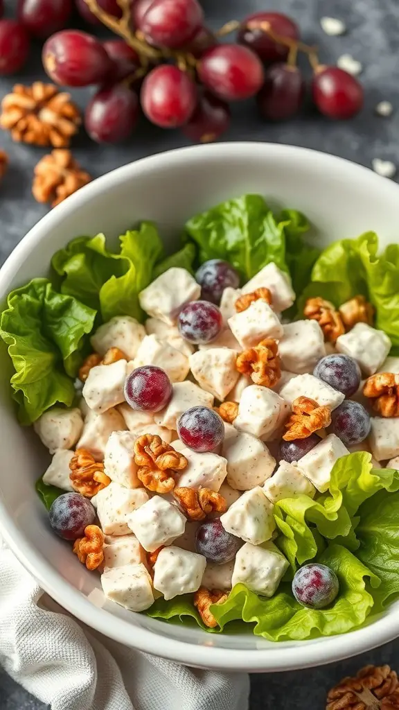A bowl of Greek Yogurt Chicken Salad with lettuce, walnuts, and grapes.