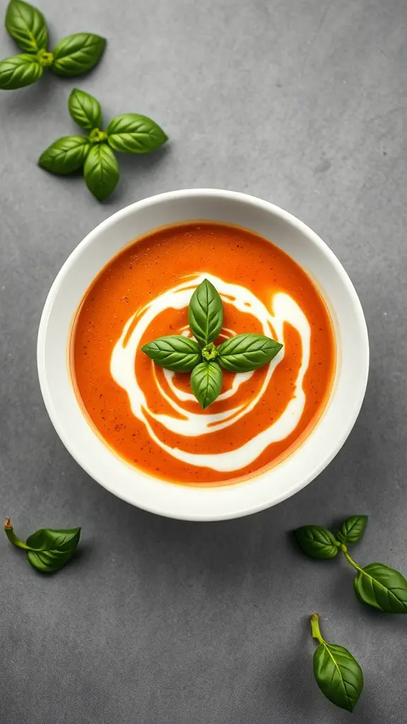 A bowl of creamy tomato basil soup garnished with fresh basil leaves.