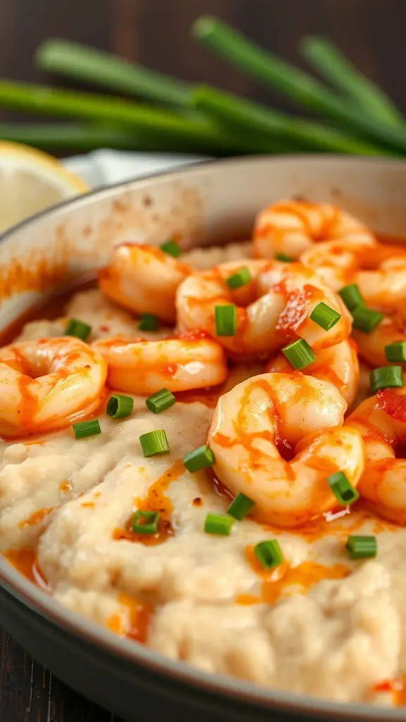 A bowl of spicy shrimp and grits topped with green onions.