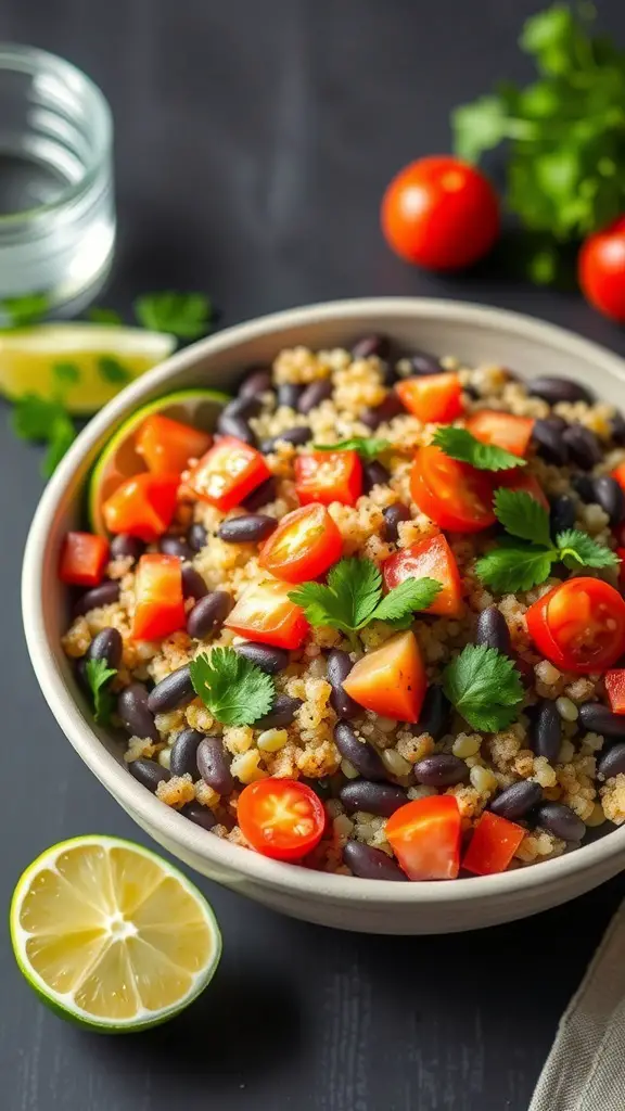 A bowl of quinoa and black bean salad topped with cherry tomatoes and cilantro, with lime wedges on the side.