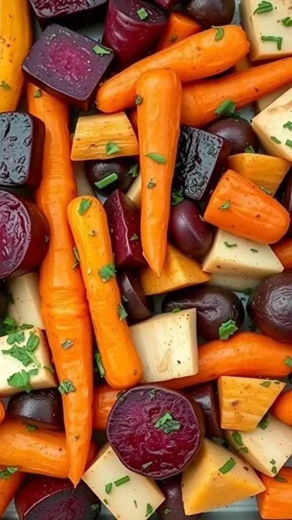 A colorful medley of roasted root vegetables including carrots, beets, and parsnips garnished with herbs.