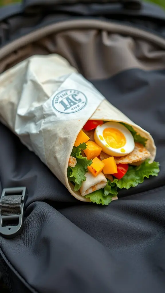 A breakfast burrito filled with eggs, veggies, and wrapped in paper, resting on a backpack.