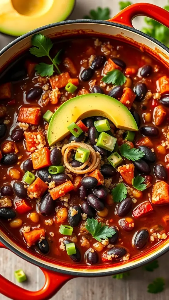 A pot of vegetarian chili with black beans, quinoa, and colorful vegetables topped with avocado slices and herbs.