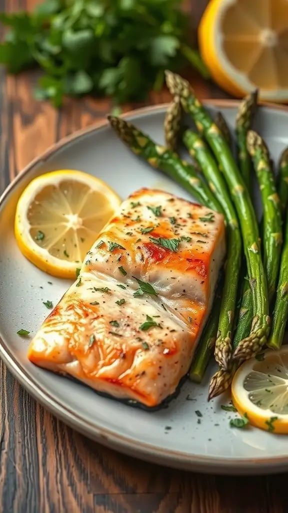 Grilled salmon fillet with asparagus and lemon slices on a plate