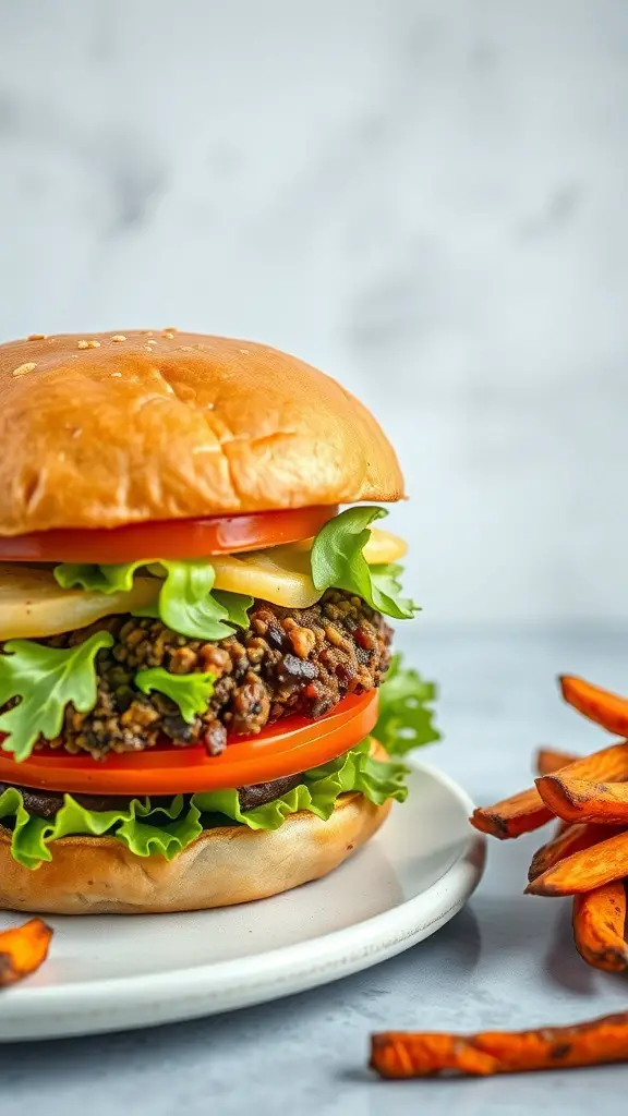 A delicious lentil burger with lettuce, tomato, and cheese, served with sweet potato fries.